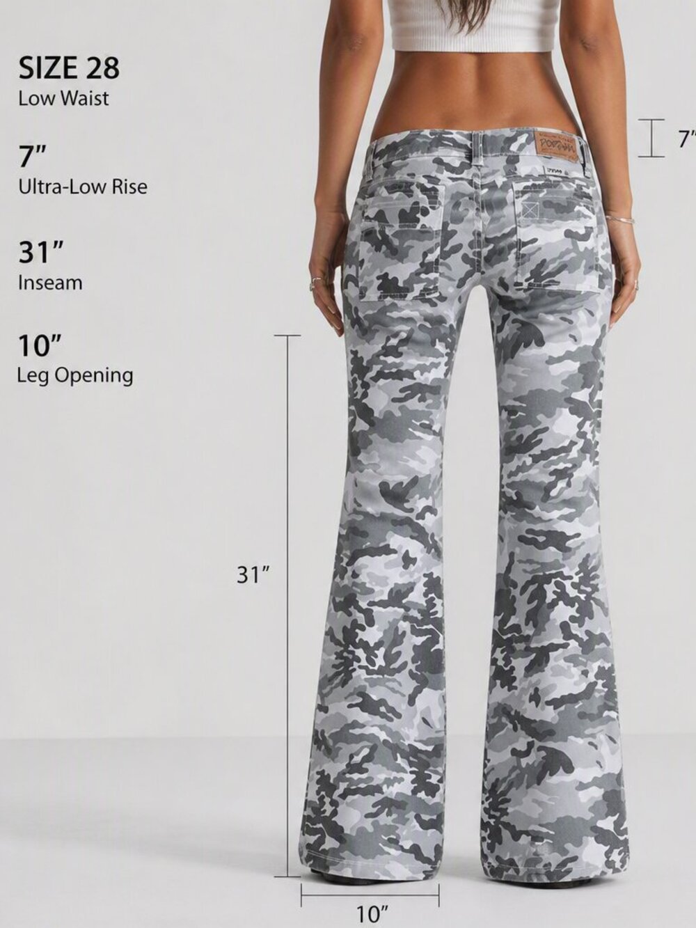 VTG Y2K Dorinha Grey Camo Wide Flare Bell Bottom Jeans Low Rise Sz 7 Deadstock